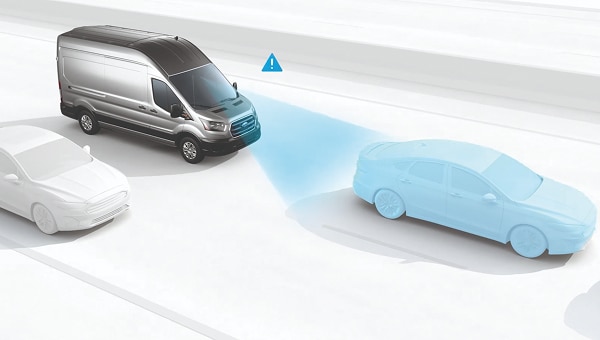 Ford E-Transit ilustrando sistema de detección frontal de collision.